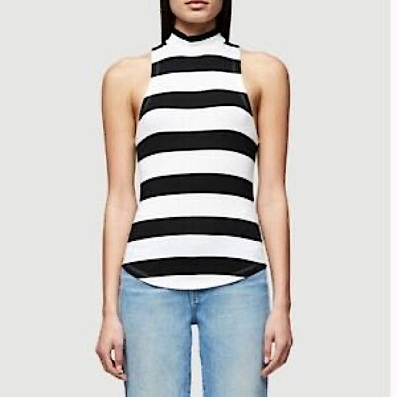 Frame Denim Black White Striped Mock Turtleneck Tank Top